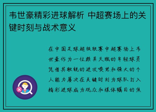 韦世豪精彩进球解析 中超赛场上的关键时刻与战术意义
